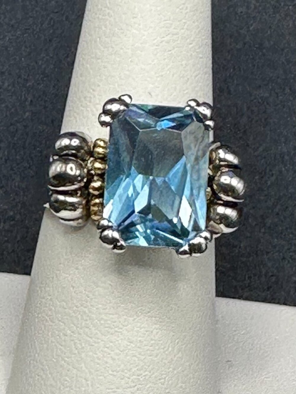 Emerald Cut Synthetic Blue Spinel 18KGE Ring Size 8